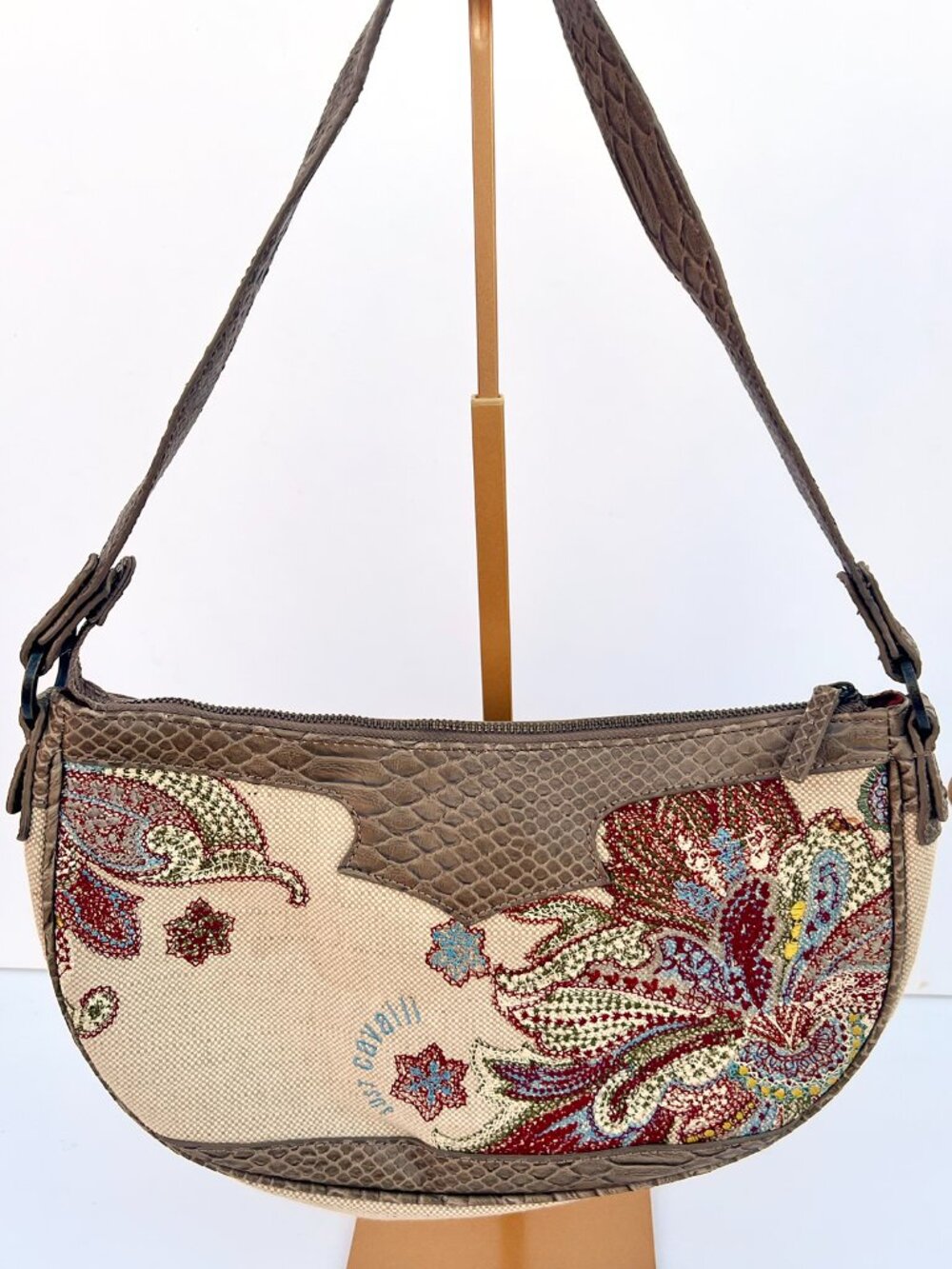Just Cavalli Y2K Boho Beaded Canvas Shoulder Baguette Bag Dustbag - Picture 2 of 14